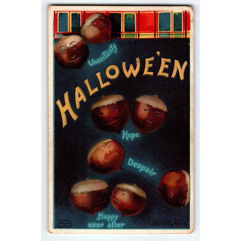 Ellen Clapsaddle 1907 Halloween Lithograph Postcard with Chestnut Faces & Plaid